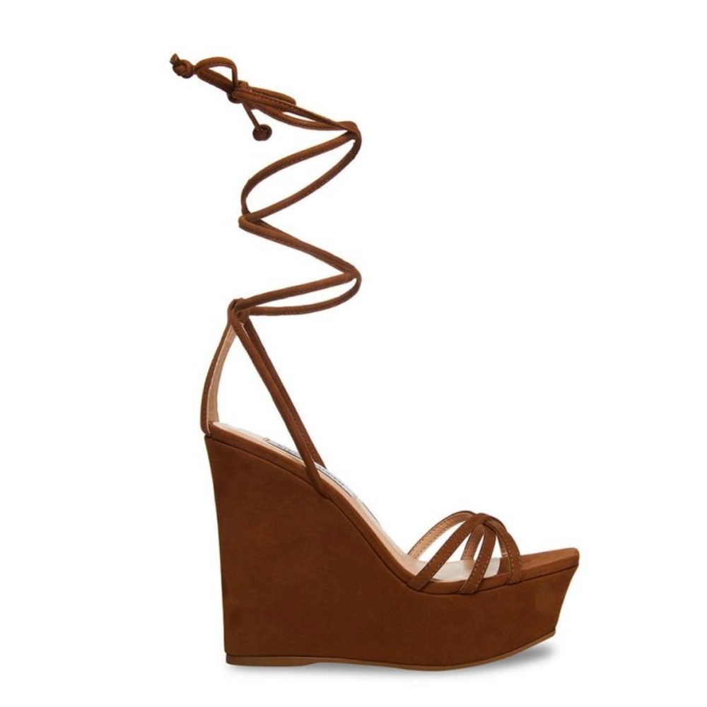 Steve Madden Linda Cognac Nubuck Cross Strap Wedge Brand New